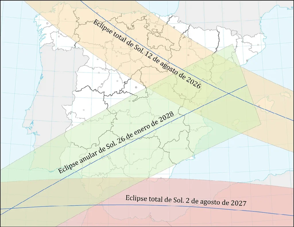 Mapa del IGN con las franjas de totalidad los eclipses de 2026, 2027 y 2028 en España